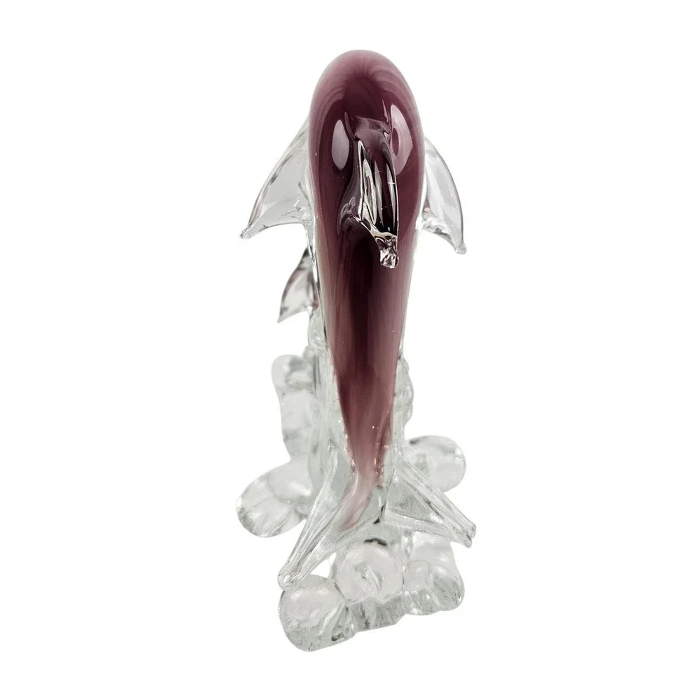 Murano Style Blown Art Glass Dolphin Sculpture Purple White Swirl Waves Figurine